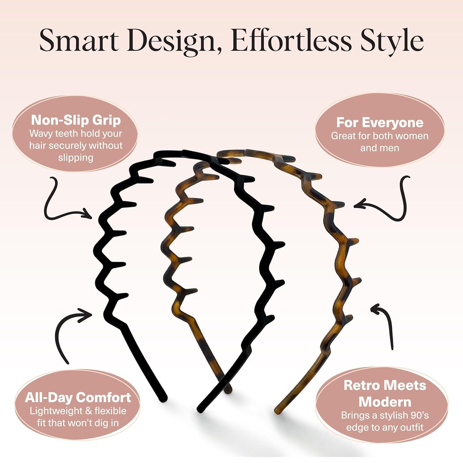 imageKitsch Zig Zag Headbands for Women Non Slip Fashion Accessories for Slicked Back Styles Comfortable Comb Headband with Teeth Ideal Gifts for Women Tortoise ampamp Black Headband 2 pcsBlack Tort