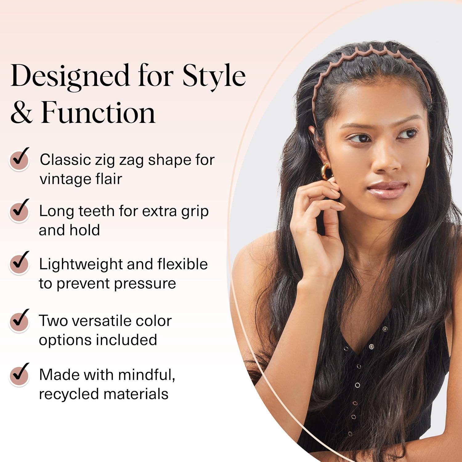 imageKitsch Zig Zag Headbands for Women Non Slip Fashion Accessories for Slicked Back Styles Comfortable Comb Headband with Teeth Ideal Gifts for Women Tortoise ampamp Black Headband 2 pcsNeutral