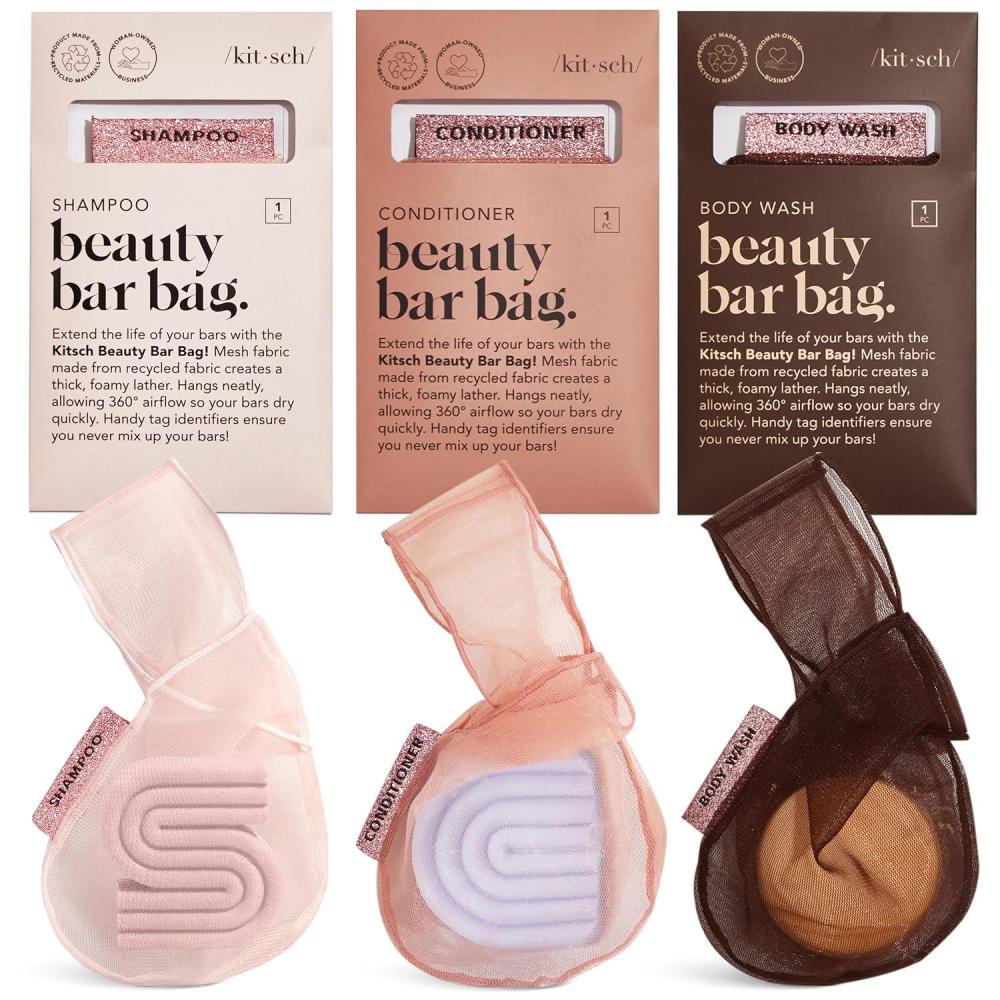 imageKitsch Bar Soap Saver Bag Patented Mesh Bag Soap Holder for Shampoo and Conditioner Bars Extends Use ampamp Prevents Soggy Mess Recycled Mesh Beauty Pouch EcoFriendly BlackBlush Terracotta Chocolate