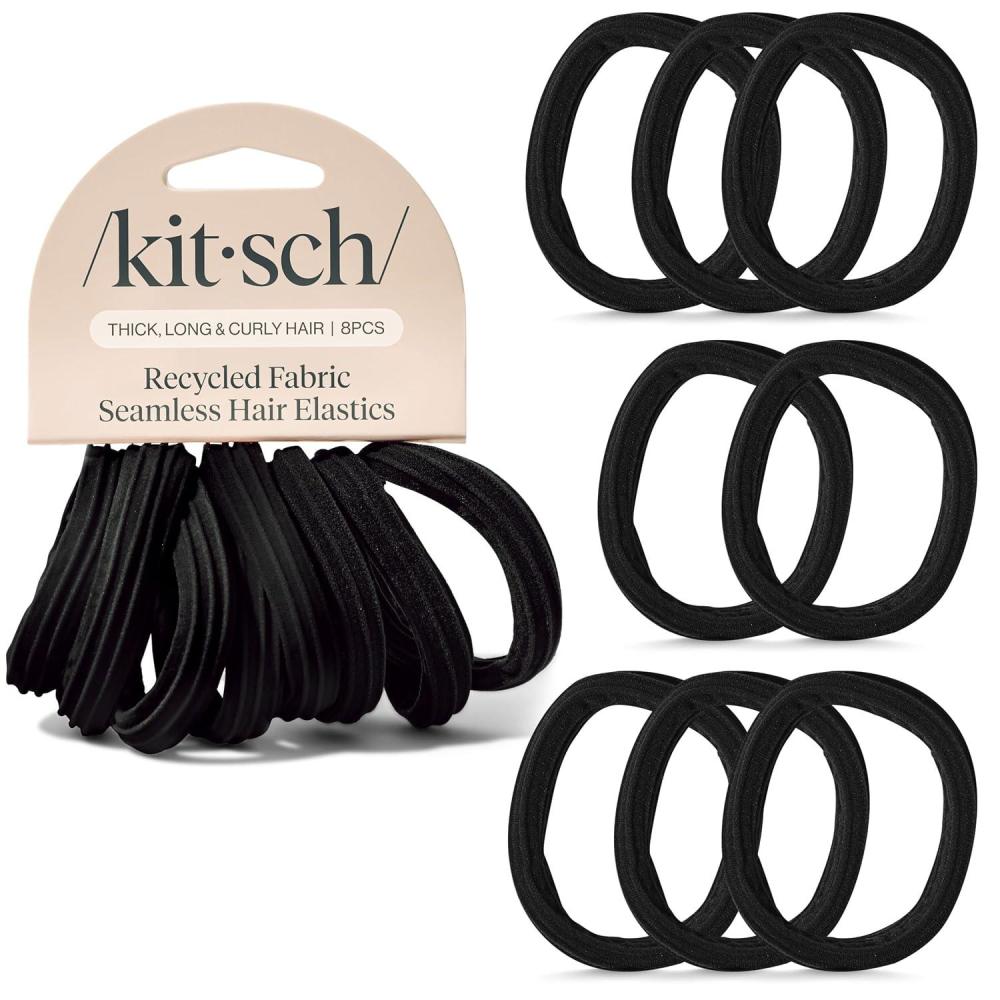imageKitsch Hair Ties No Damage Strong Stretchy Hair Bands Soft Nylon Ponytail Holders SnagFree Rubber Bands Perfect for Updos ampamp Braids Ideal Gifts for Women Black 8pcsBlack Pack of 8