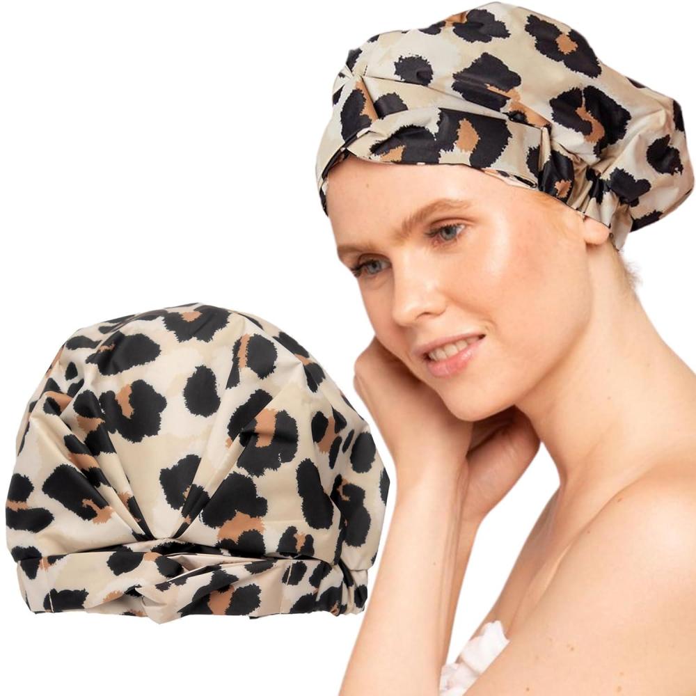 imageKitsch Luxury Shower Caps for Women Reusable Waterproof Large Shower Cap for Women Nonslip Quickdry Hair Cap for Long and Short Hair Comfortable and Stylish Design Blush DotLeopard