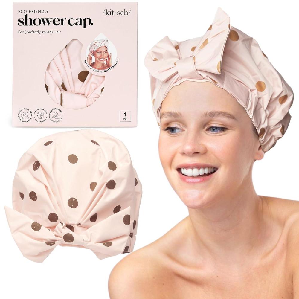 imageKitsch Luxury Shower Caps for Women Reusable Waterproof Large Shower Cap for Women Nonslip Quickdry Hair Cap for Long and Short Hair Comfortable and Stylish Design Blush DotBlush Dot