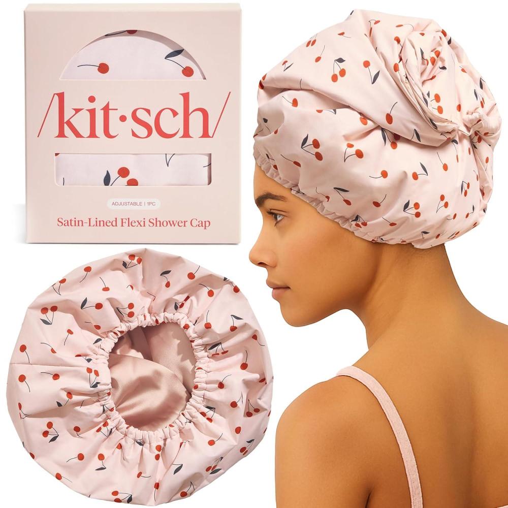 imageKitsch Luxury Shower Caps for Women Reusable Waterproof Large Shower Cap for Women Nonslip Quickdry Hair Cap for Long and Short Hair Comfortable and Stylish Design Blush DotCherry Print