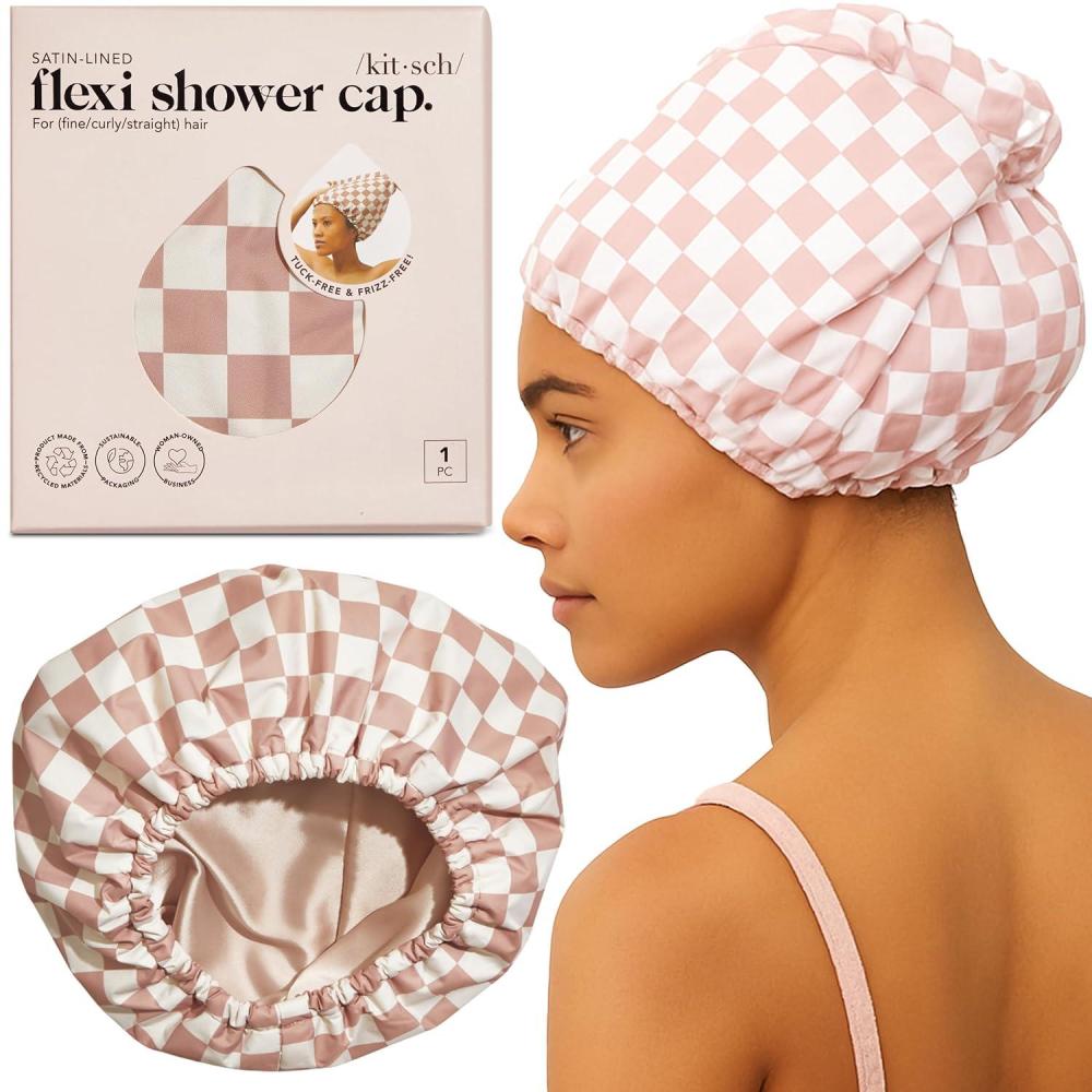 imageKitsch Luxury Shower Caps for Women Reusable Waterproof Large Shower Cap for Women Nonslip Quickdry Hair Cap for Long and Short Hair Comfortable and Stylish Design Blush DotTerracotta Checker