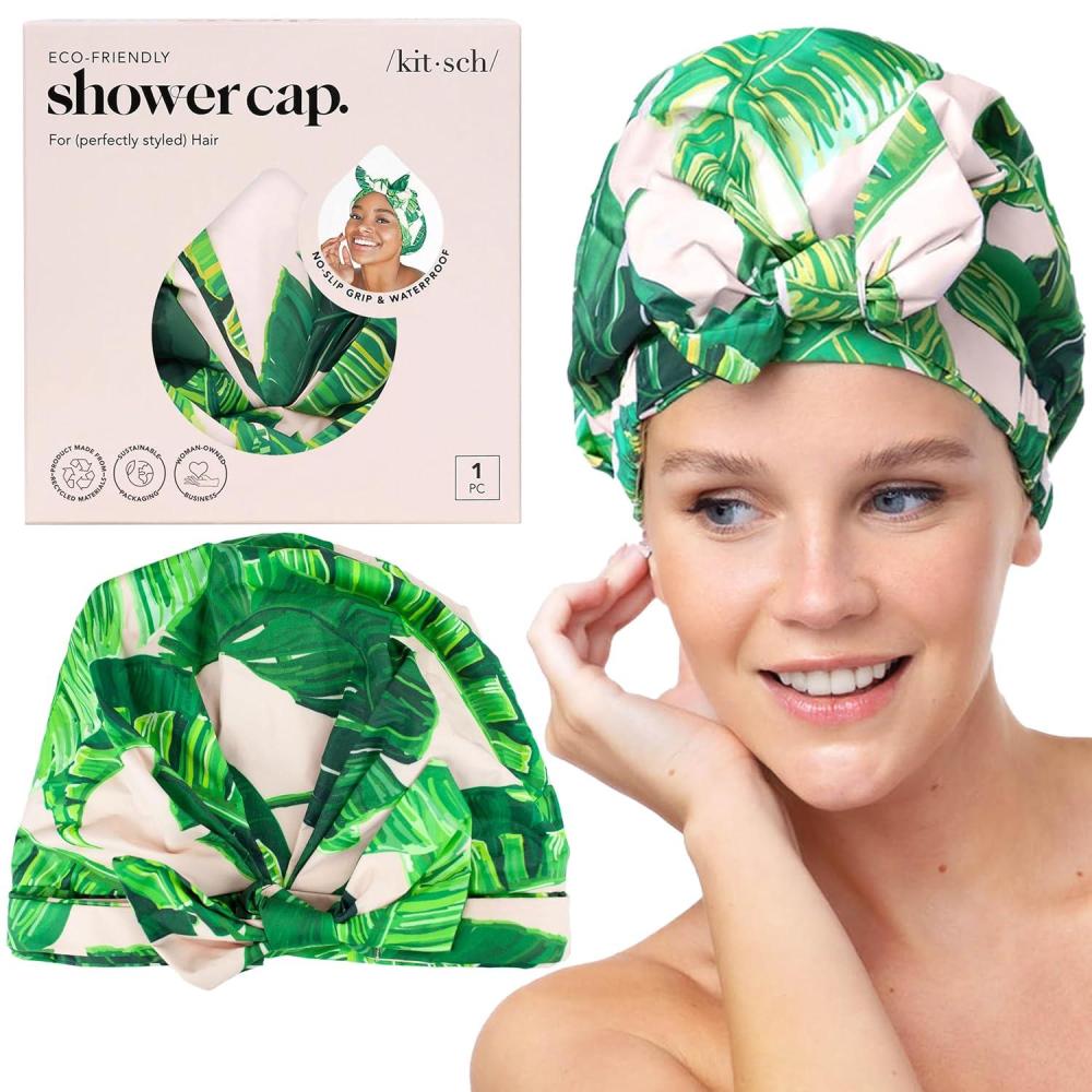 imageKitsch Luxury Shower Caps for Women Reusable Waterproof Large Shower Cap for Women Nonslip Quickdry Hair Cap for Long and Short Hair Comfortable and Stylish Design Blush DotPalm Leaves