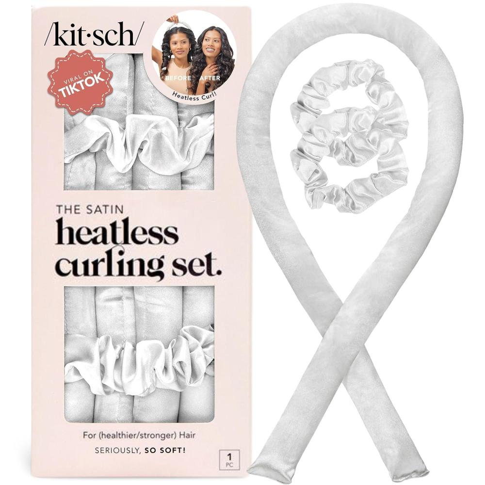 imageKitsch Satin Heatless Curling Set Heatless Curls Overnight with 34quot Hair Curler ampamp 2 Satin Scrunchies Comfortable Hair Curlers to Sleep In for FrizzFree No Heat Damage Styling Sunset Tie Dye05 Ivory