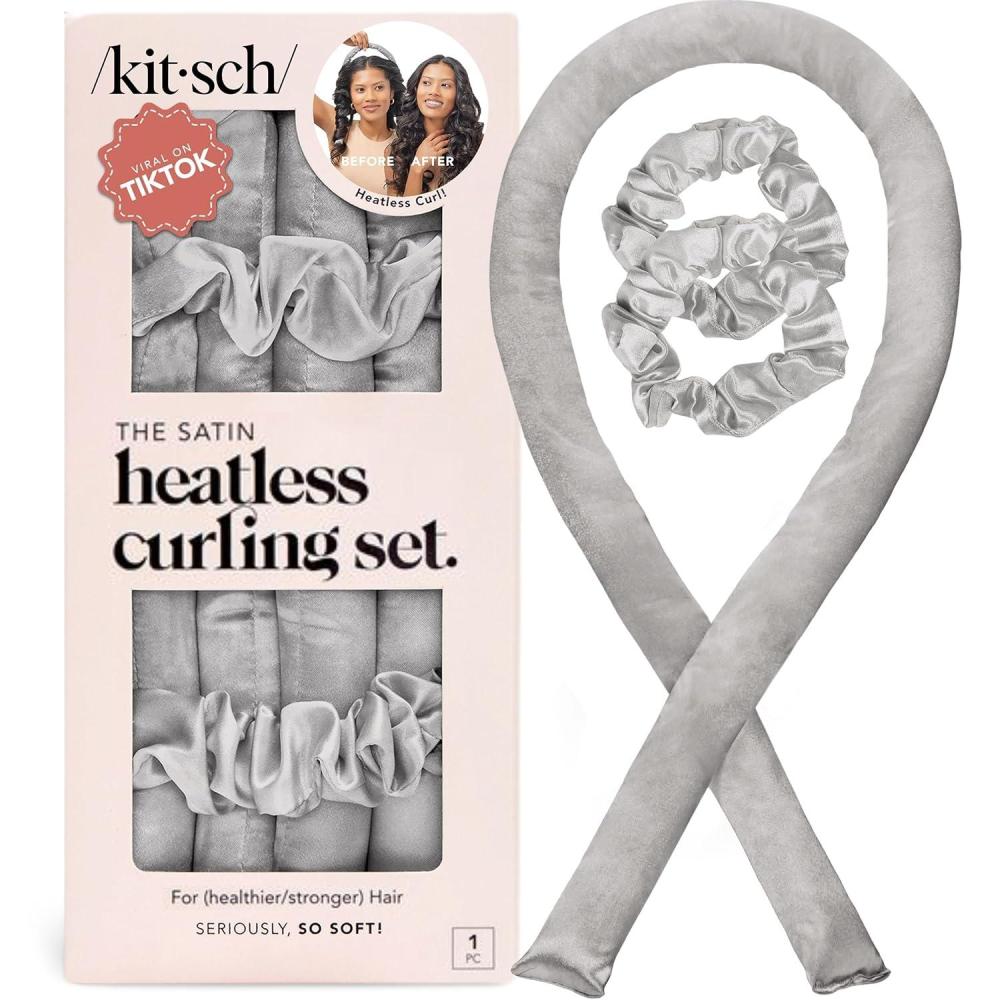 imageKitsch Satin Heatless Curling Set Heatless Curls Overnight with 34quot Hair Curler ampamp 2 Satin Scrunchies Comfortable Hair Curlers to Sleep In for FrizzFree No Heat Damage Styling Sunset Tie Dye07 Silver
