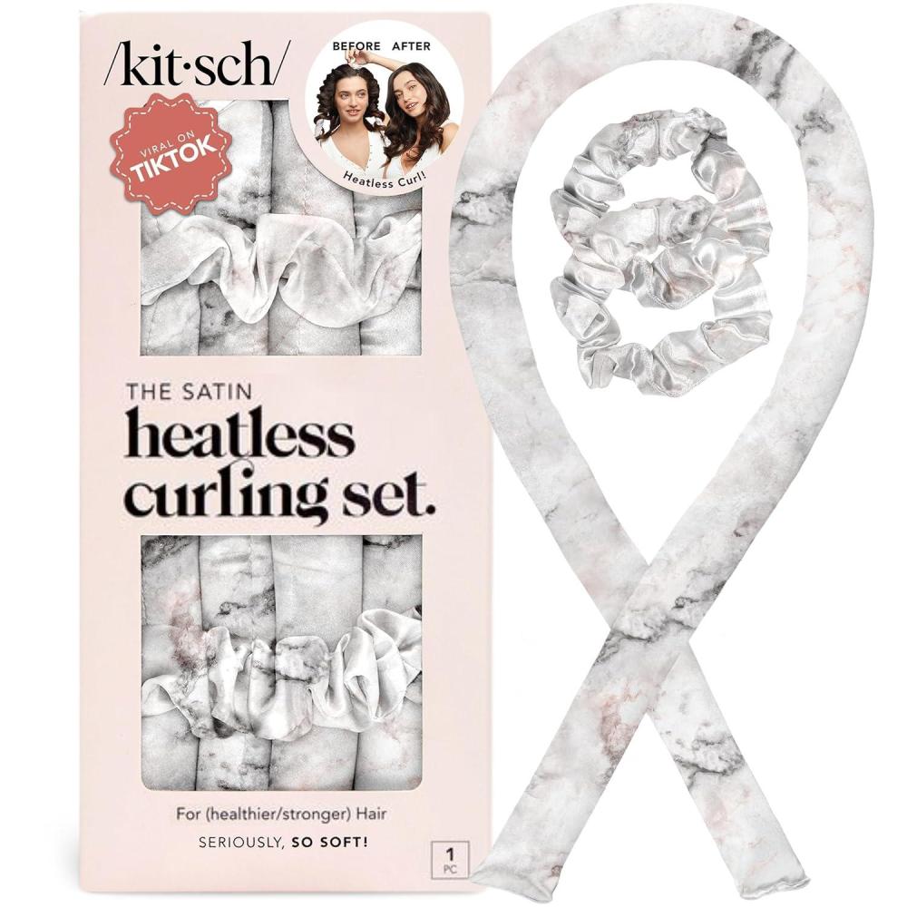 imageKitsch Satin Heatless Curling Set Heatless Curls Overnight with 34quot Hair Curler ampamp 2 Satin Scrunchies Comfortable Hair Curlers to Sleep In for FrizzFree No Heat Damage Styling Sunset Tie Dye08 Marble