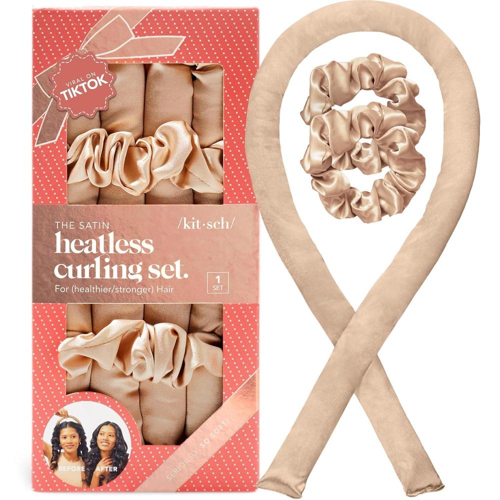 imageKitsch Satin Heatless Curling Set Heatless Curls Overnight with 34quot Hair Curler ampamp 2 Satin Scrunchies Comfortable Hair Curlers to Sleep In for FrizzFree No Heat Damage Styling Sunset Tie DyeChampagne