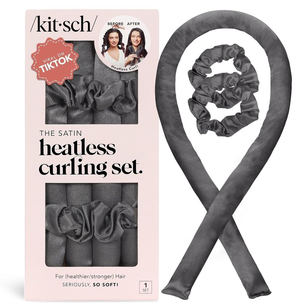 imageKitsch Satin Heatless Curling Set Heatless Curls Overnight with 34quot Hair Curler ampamp 2 Satin Scrunchies Comfortable Hair Curlers to Sleep In for FrizzFree No Heat Damage Styling Sunset Tie Dye02 Charcoal