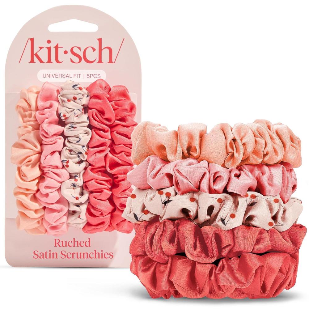 imageKitsch Satin Scrunchies for Women No Crease Hair Ties for Girls Scrunchies For All Hair Types and Textures Perfect for Day or Night Ideal Gifts for Women Assorted Cherry Blossom 5pcsAssorted Cherry Blossom
