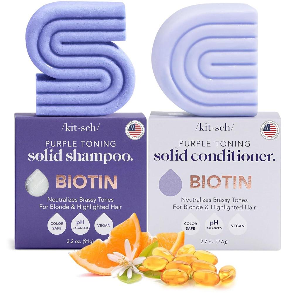 imageKitsch Toning Purple Shampoo ampamp Conditioner Bar Set For Blondes ampamp Color Treated Hair With Biotin for Strengthening ampamp Neutralizing Brassy Tones Vegan Silicone ampamp Sulfate Free Made in USA