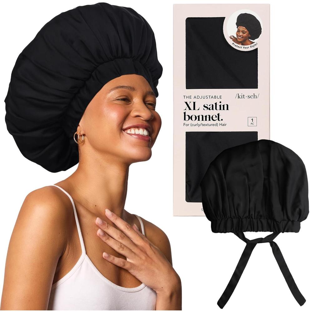 imageKitsch XL Satin Bonnet for Sleeping Softer Than Silk Hair Bonnet for Women Secure Fit Adjustable Night Cap for Curly ampamp Textured Hair Prevents Breakage Tangles ampamp Thinning AuraBlack