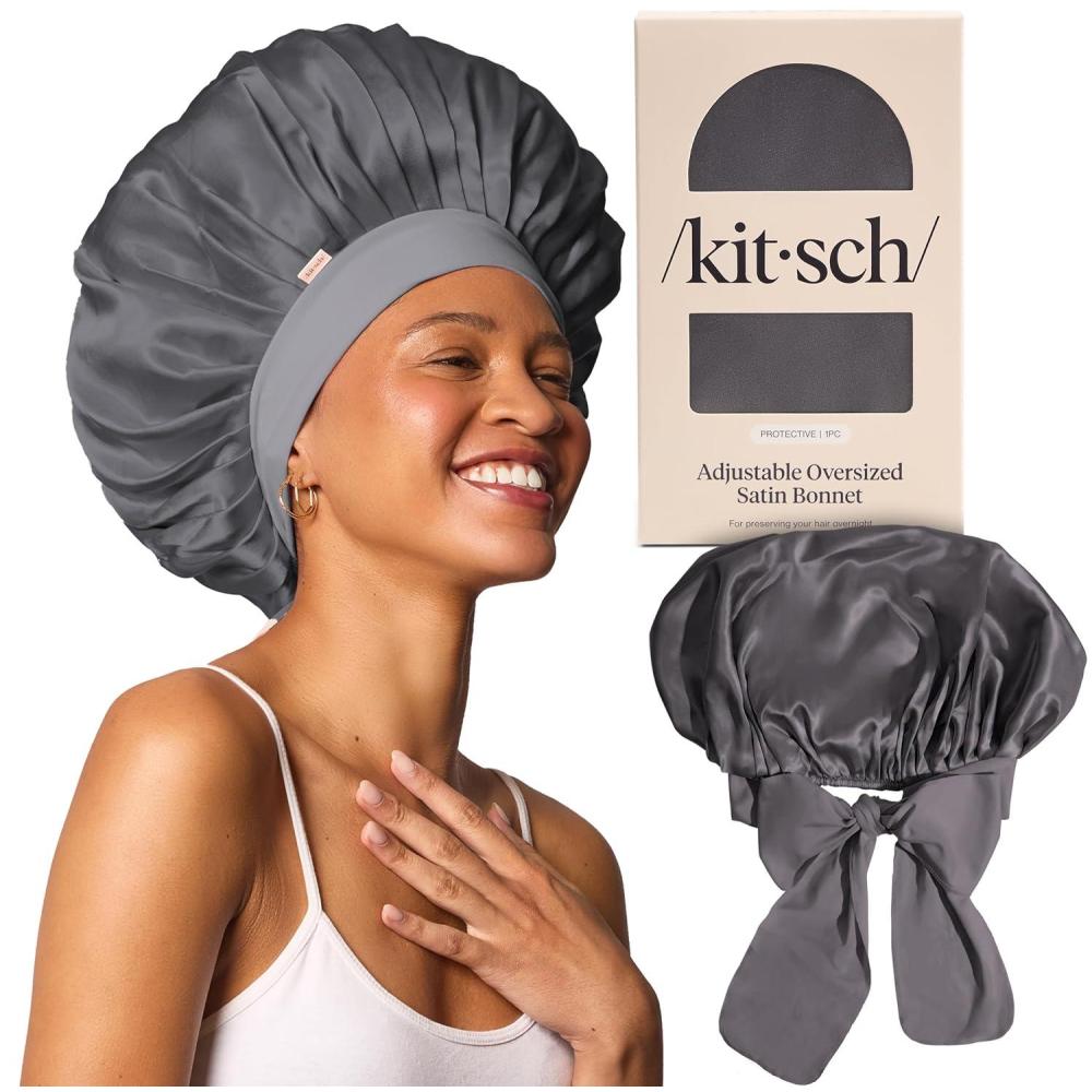 imageKitsch XL Satin Bonnet for Sleeping Softer Than Silk Hair Bonnet for Women Secure Fit Adjustable Night Cap for Curly ampamp Textured Hair Prevents Breakage Tangles ampamp Thinning AuraCharcoal