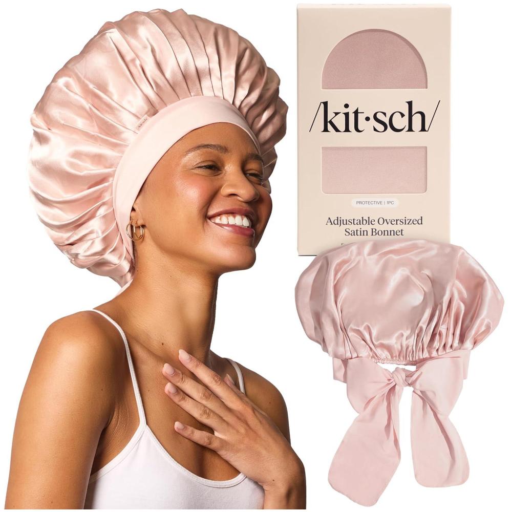 imageKitsch XL Satin Bonnet for Sleeping Softer Than Silk Hair Bonnet for Women Secure Fit Adjustable Night Cap for Curly ampamp Textured Hair Prevents Breakage Tangles ampamp Thinning AuraBlush