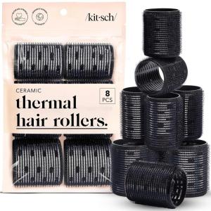 Kitsch Ceramic Thermal Hair Rollers for Women – Self Grip Hair Curlers for Heatless Curls Overnight – Volumizing Large Rollers for Short & Long Hair – For Long Lasting Frizz-Free Curls – Black, 8pcs(Black)