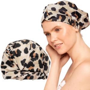 Kitsch Luxury Shower Caps for Women Reusable Waterproof – Large Shower Cap for Women, Non-slip, Quick-dry Hair Cap for Long and Short Hair, Comfortable and Stylish Design – Blush Dot(Leopard)