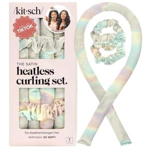 Kitsch Satin Heatless Curling Set – Heatless Curls Overnight with 34″ Hair Curler & 2 Satin Scrunchies – Comfortable Hair Curlers to Sleep In for Frizz-Free, No Heat Damage Styling – Sunset Tie Dye(03 Aura)
