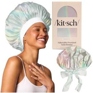Kitsch XL Satin Bonnet for Sleeping – Softer Than Silk Hair Bonnet for Women – Secure Fit, Adjustable Night Cap for Curly & Textured Hair – Prevents Breakage, Tangles & Thinning – Aura(Aura)
