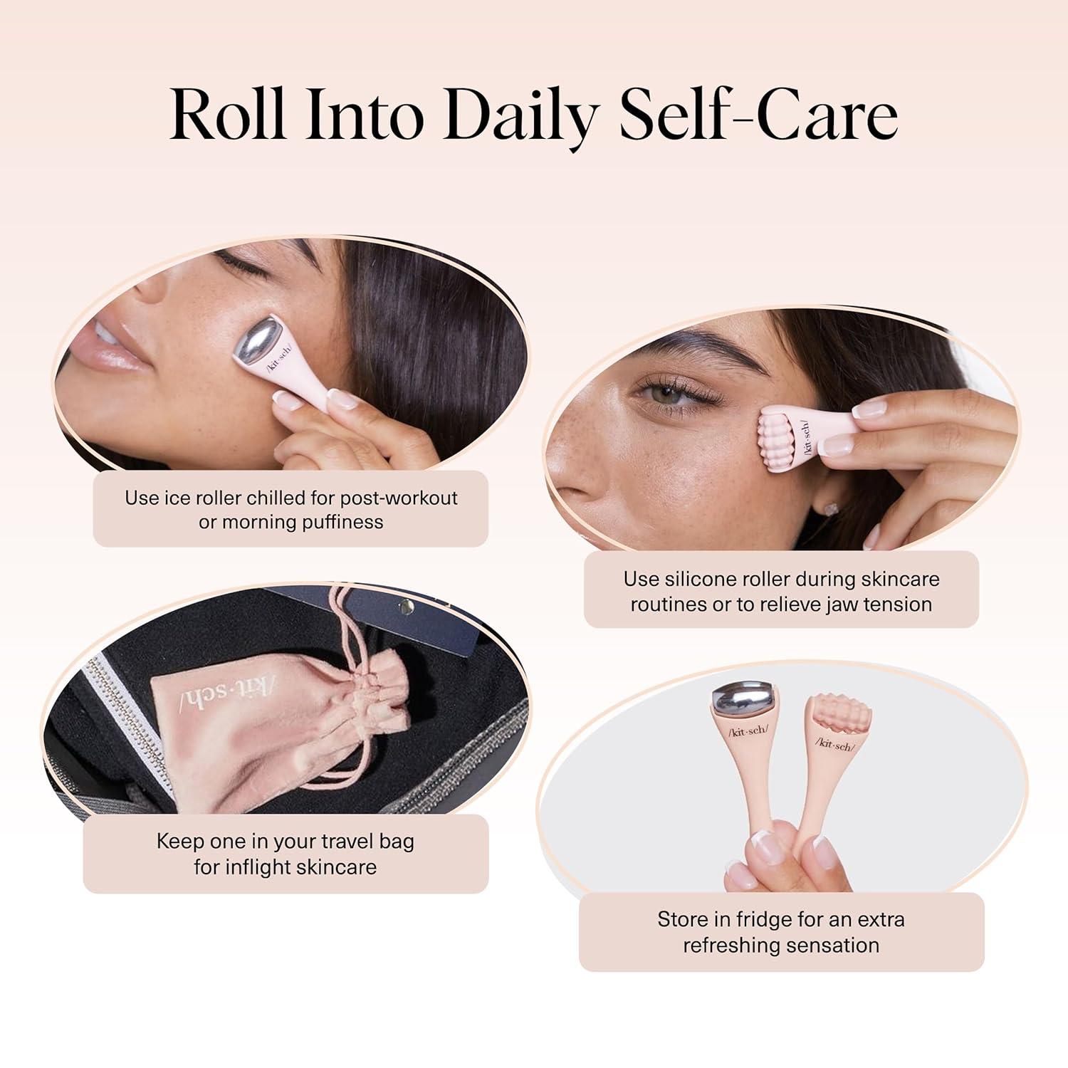 imageKitsch Mini Facial Roller ampamp Ice Face Roller Skin Care Tool Set for Women Face Massager for Puffy Eyes Cold Therapy Lymphatic Drainage Massager Self Care Gifts for Women ampamp Men BlushBlush