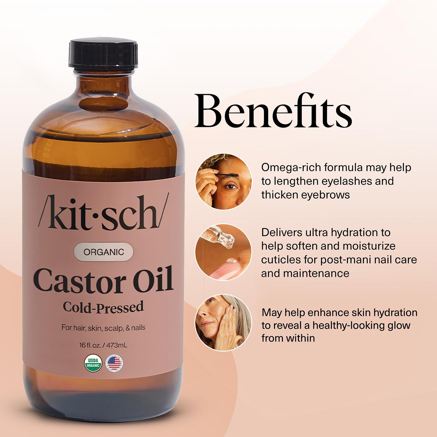 imageKitsch Organic Castor Oil for Hair Growth 100 Pure Castor Oil Organic Cold Pressed Unrefined Glass Bottle for Face Skin Lashes Brows Scalp Nails ampamp Belly Button Hexane Free USDA 2 oz16 Fl Oz Pack of 1