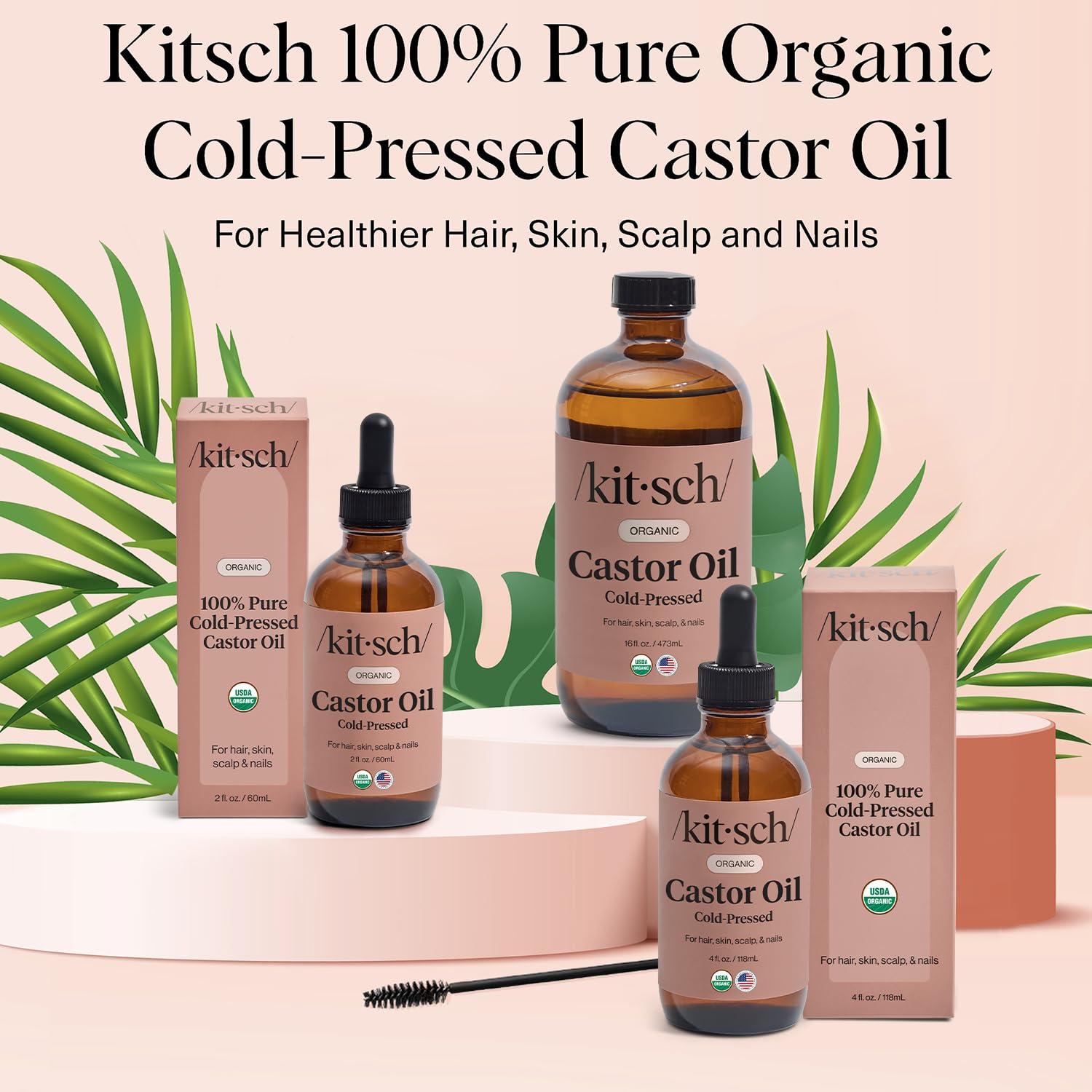 imageKitsch Organic Castor Oil for Hair Growth 100 Pure Castor Oil Organic Cold Pressed Unrefined Glass Bottle for Face Skin Lashes Brows Scalp Nails ampamp Belly Button Hexane Free USDA 2 oz16 Fl Oz Pack of 1