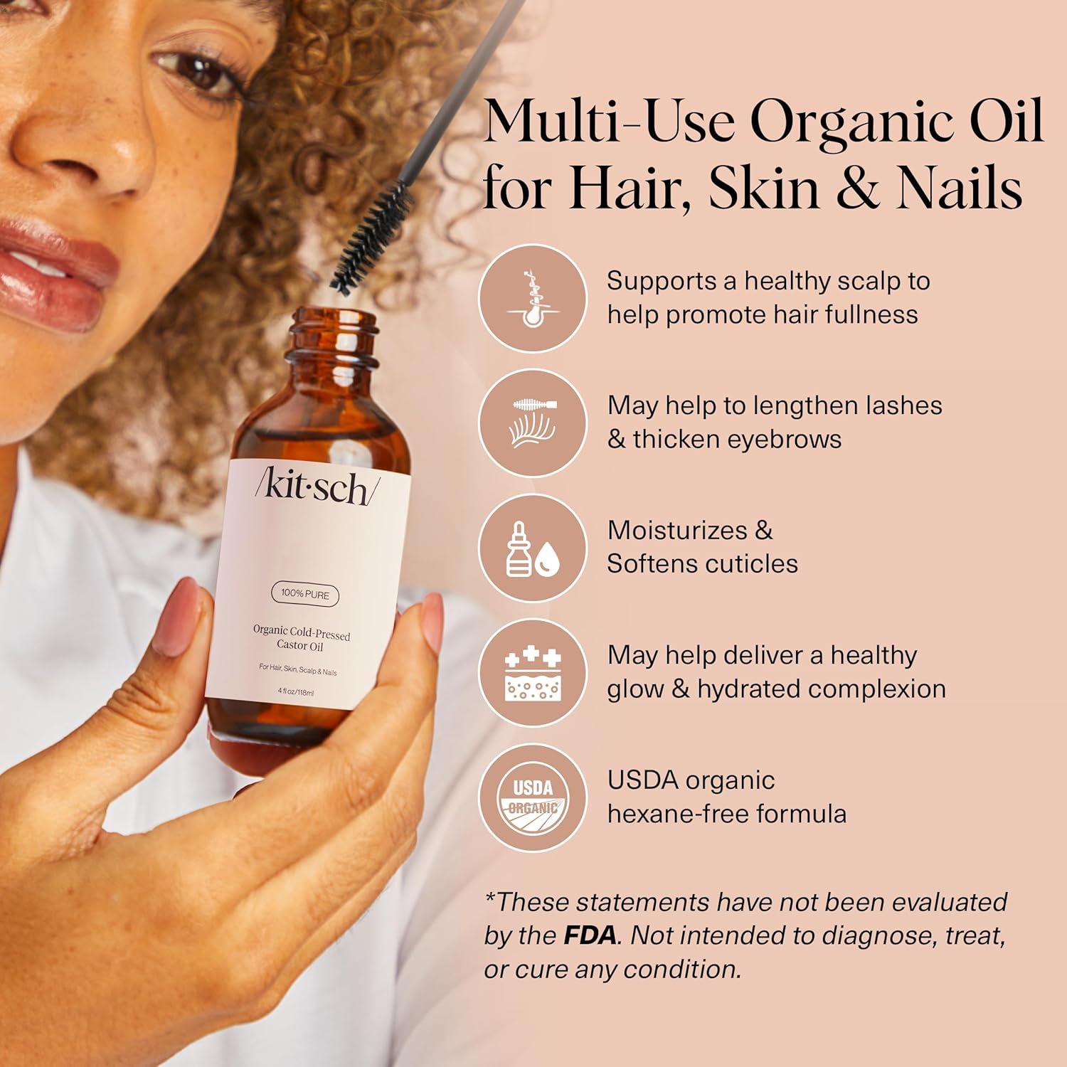 imageKitsch Organic Castor Oil for Hair Growth 100 Pure Castor Oil Organic Cold Pressed Unrefined Glass Bottle for Face Skin Lashes Brows Scalp Nails ampamp Belly Button Hexane Free USDA 2 oz4 Fl Oz Pack of 1
