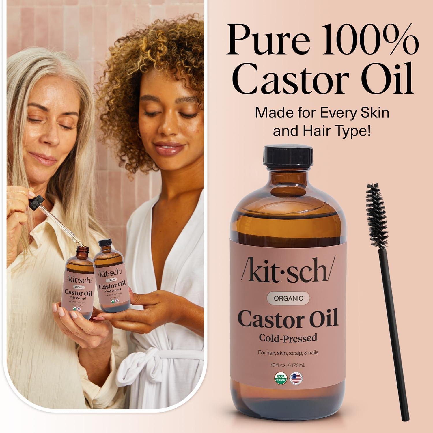 imageKitsch Organic Castor Oil for Hair Growth 100 Pure Castor Oil Organic Cold Pressed Unrefined Glass Bottle for Face Skin Lashes Brows Scalp Nails ampamp Belly Button Hexane Free USDA 2 oz16 Fl Oz Pack of 1