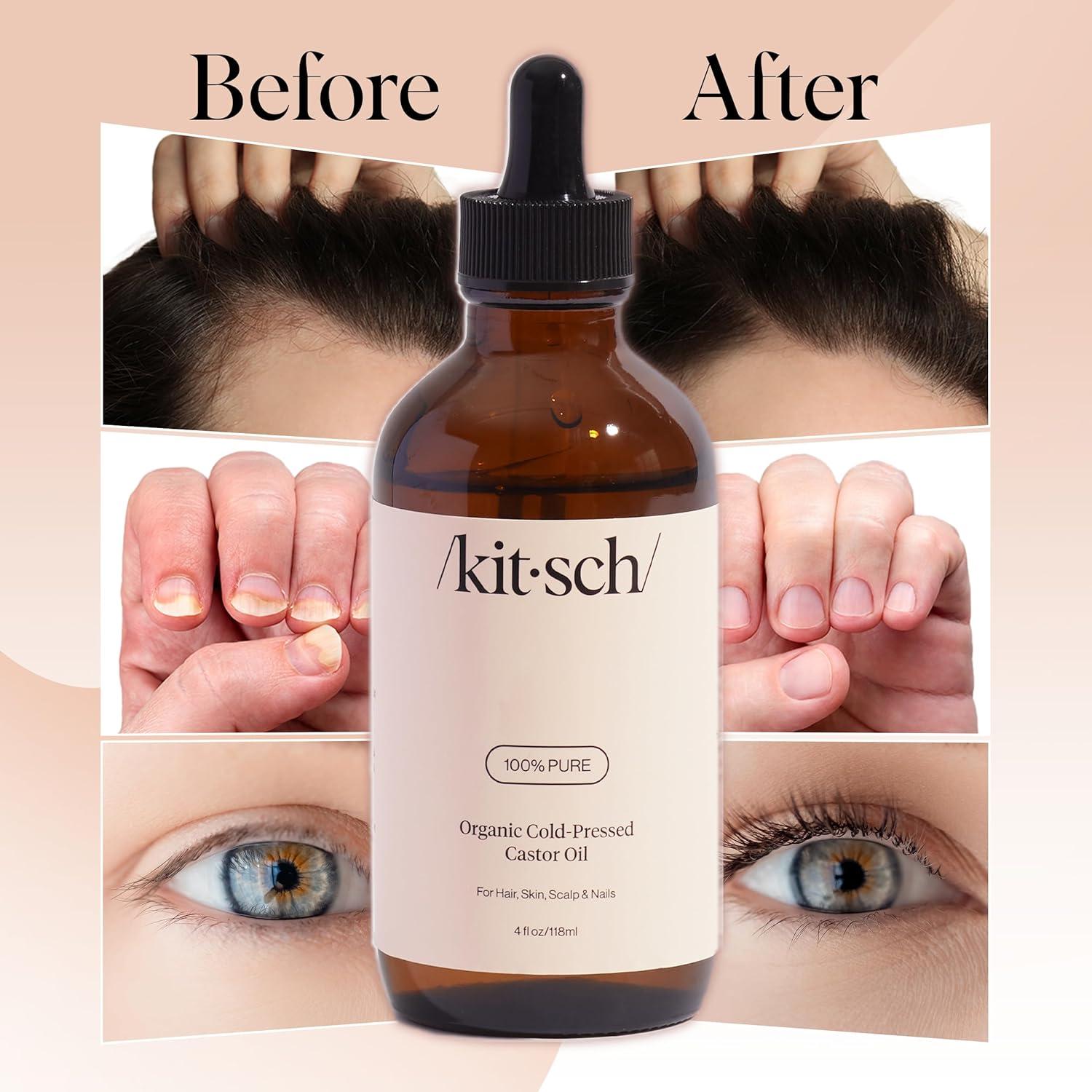 imageKitsch Organic Castor Oil for Hair Growth 100 Pure Castor Oil Organic Cold Pressed Unrefined Glass Bottle for Face Skin Lashes Brows Scalp Nails ampamp Belly Button Hexane Free USDA 2 oz4 Fl Oz Pack of 1
