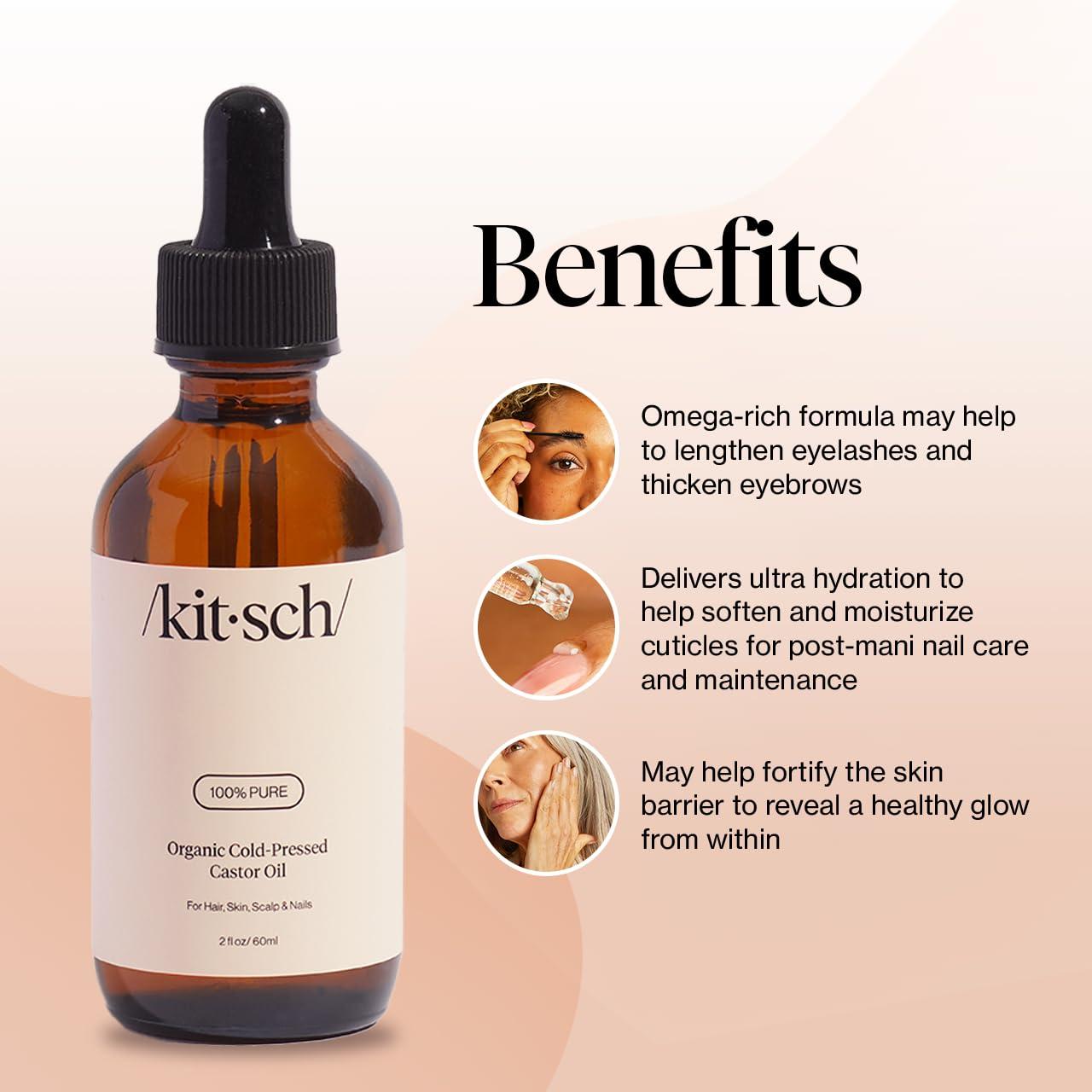 imageKitsch Organic Castor Oil for Hair Growth 100 Pure Castor Oil Organic Cold Pressed Unrefined Glass Bottle for Face Skin Lashes Brows Scalp Nails ampamp Belly Button Hexane Free USDA 2 oz2 Fl Oz Pack of 1