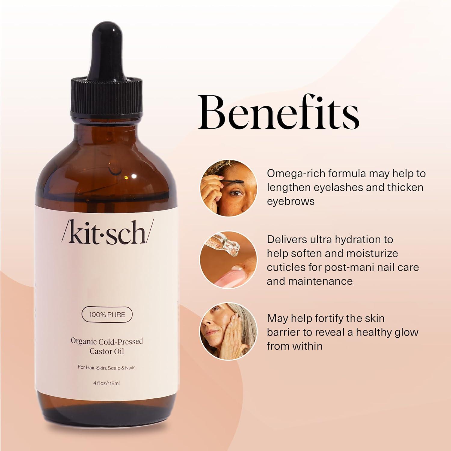 imageKitsch Organic Castor Oil for Hair Growth 100 Pure Castor Oil Organic Cold Pressed Unrefined Glass Bottle for Face Skin Lashes Brows Scalp Nails ampamp Belly Button Hexane Free USDA 2 oz4 Fl Oz Pack of 1