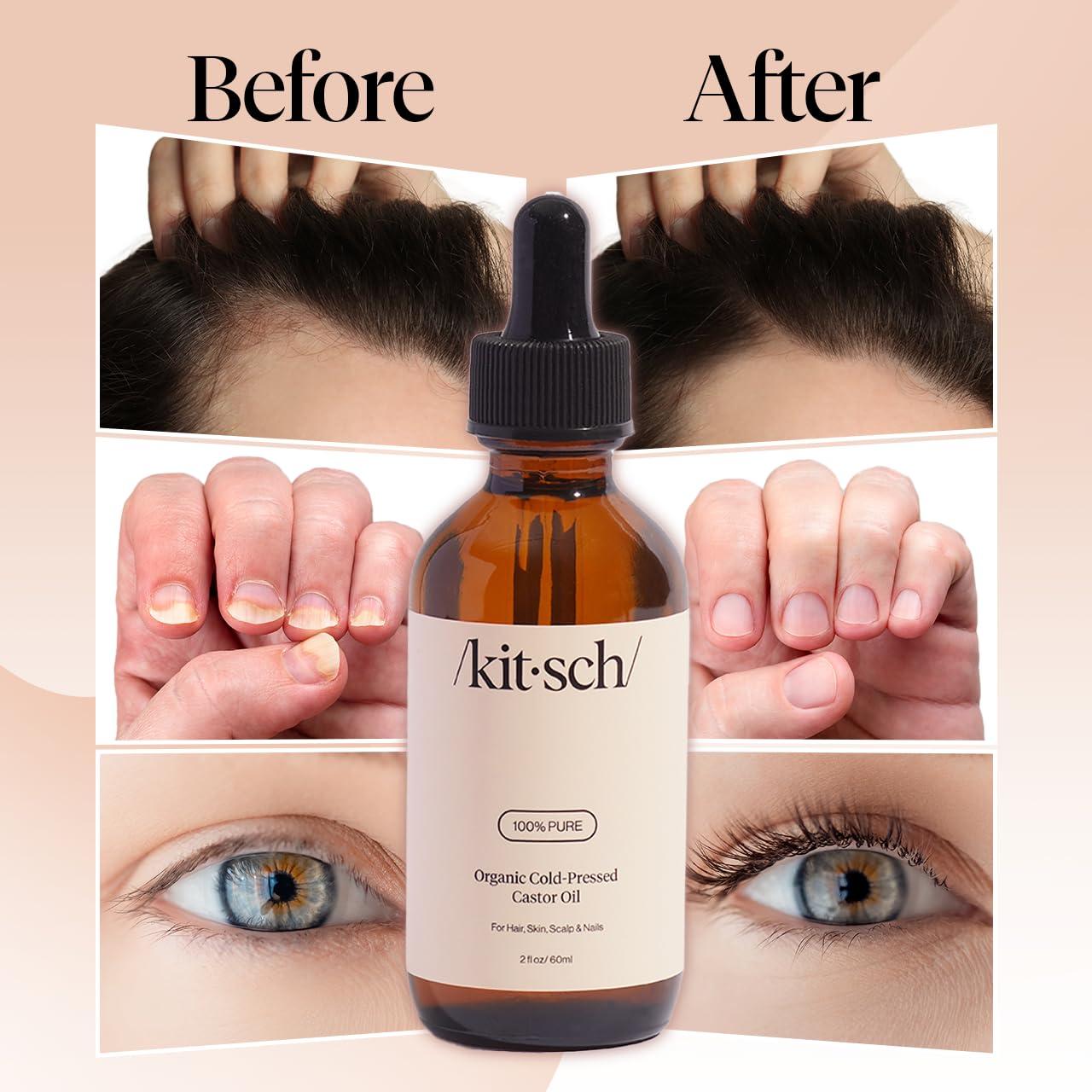 imageKitsch Organic Castor Oil for Hair Growth 100 Pure Castor Oil Organic Cold Pressed Unrefined Glass Bottle for Face Skin Lashes Brows Scalp Nails ampamp Belly Button Hexane Free USDA 2 oz2 Fl Oz Pack of 1