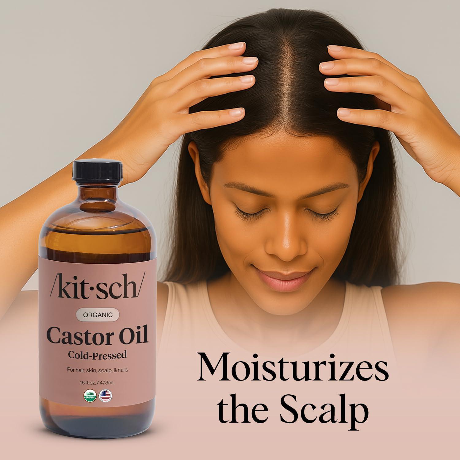 imageKitsch Organic Castor Oil for Hair Growth 100 Pure Castor Oil Organic Cold Pressed Unrefined Glass Bottle for Face Skin Lashes Brows Scalp Nails ampamp Belly Button Hexane Free USDA 2 oz16 Fl Oz Pack of 1