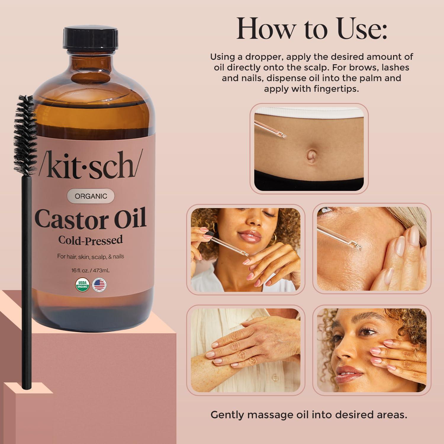 imageKitsch Organic Castor Oil for Hair Growth 100 Pure Castor Oil Organic Cold Pressed Unrefined Glass Bottle for Face Skin Lashes Brows Scalp Nails ampamp Belly Button Hexane Free USDA 2 oz16 Fl Oz Pack of 1