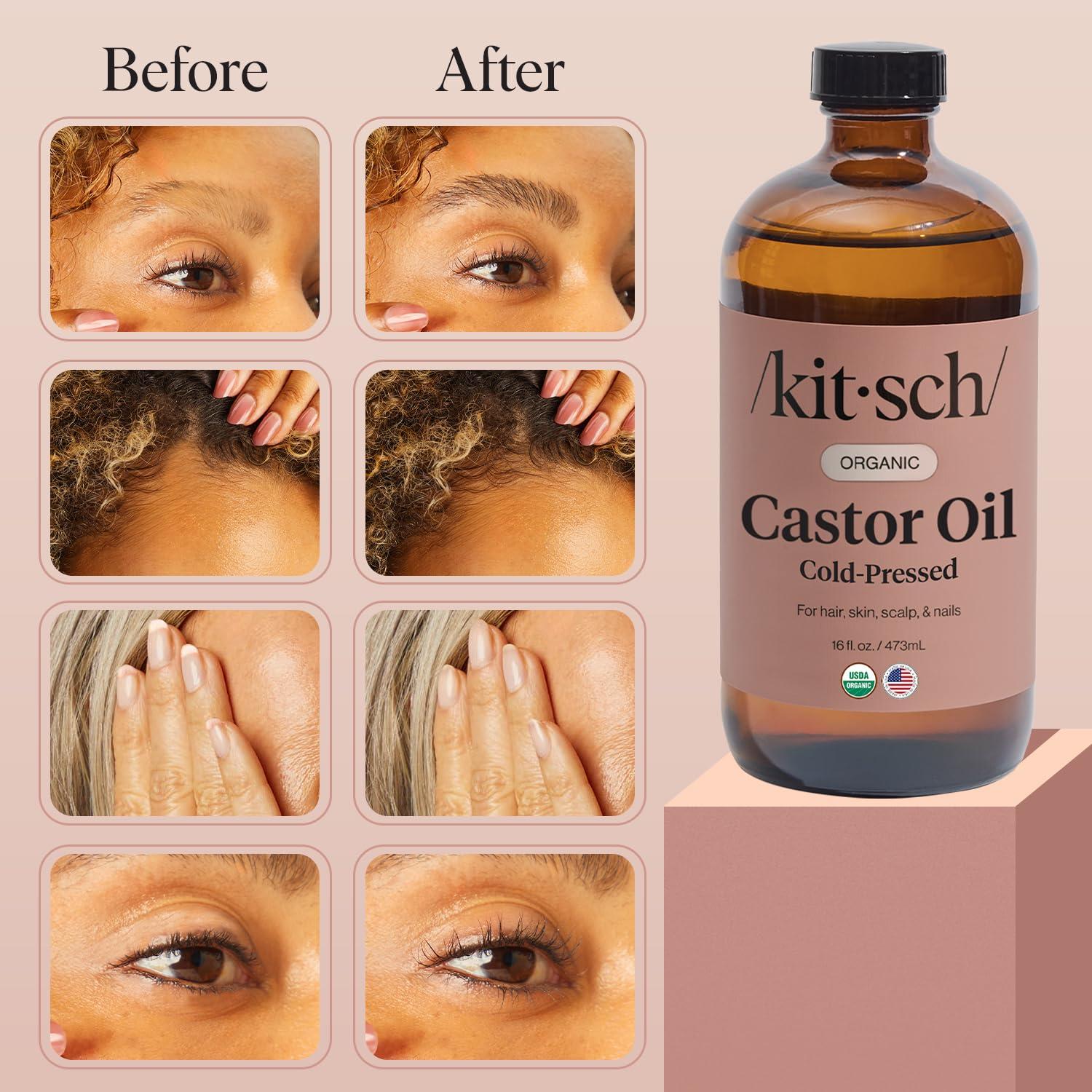 imageKitsch Organic Castor Oil for Hair Growth 100 Pure Castor Oil Organic Cold Pressed Unrefined Glass Bottle for Face Skin Lashes Brows Scalp Nails ampamp Belly Button Hexane Free USDA 2 oz16 Fl Oz Pack of 1