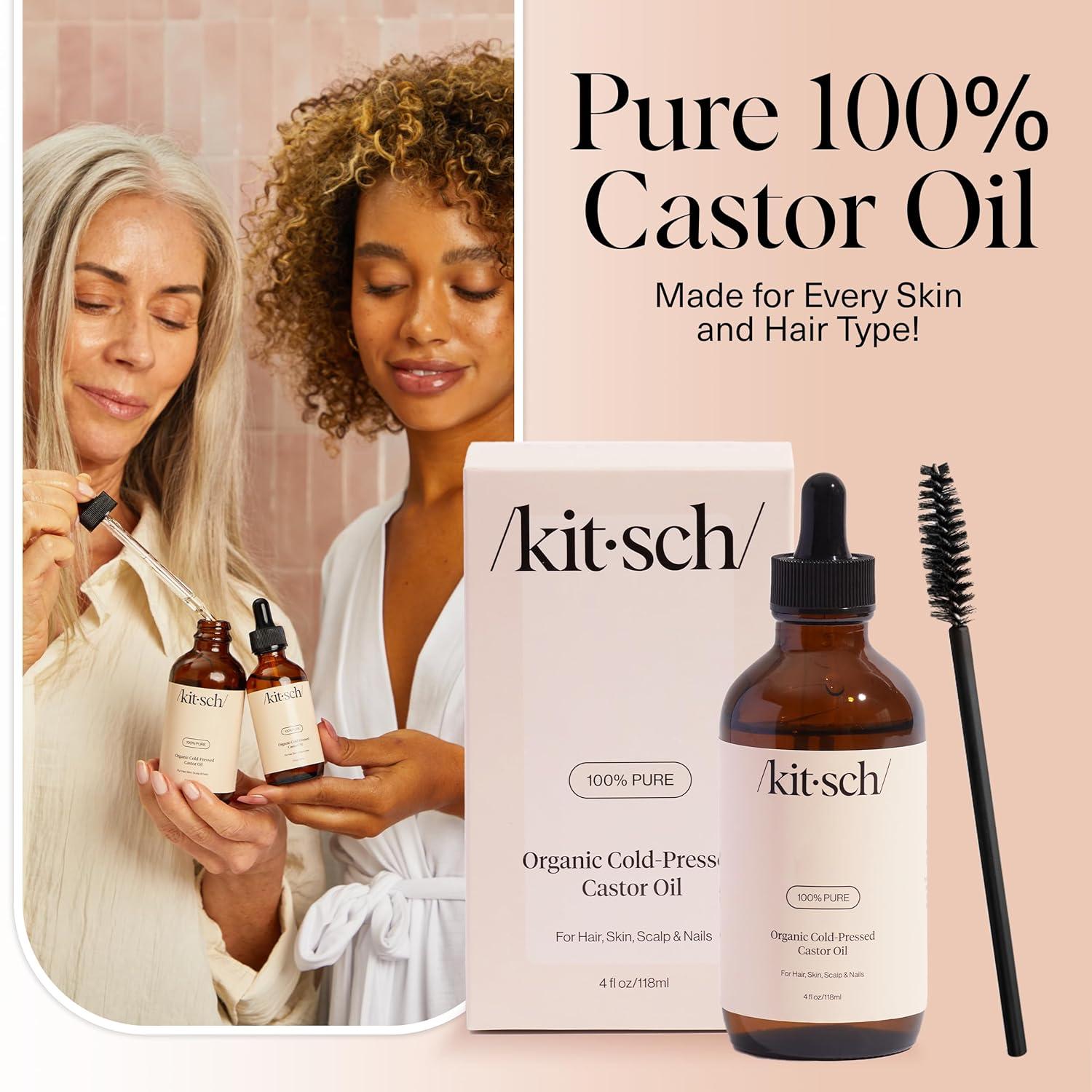 imageKitsch Organic Castor Oil for Hair Growth 100 Pure Castor Oil Organic Cold Pressed Unrefined Glass Bottle for Face Skin Lashes Brows Scalp Nails ampamp Belly Button Hexane Free USDA 2 oz4 Fl Oz Pack of 1