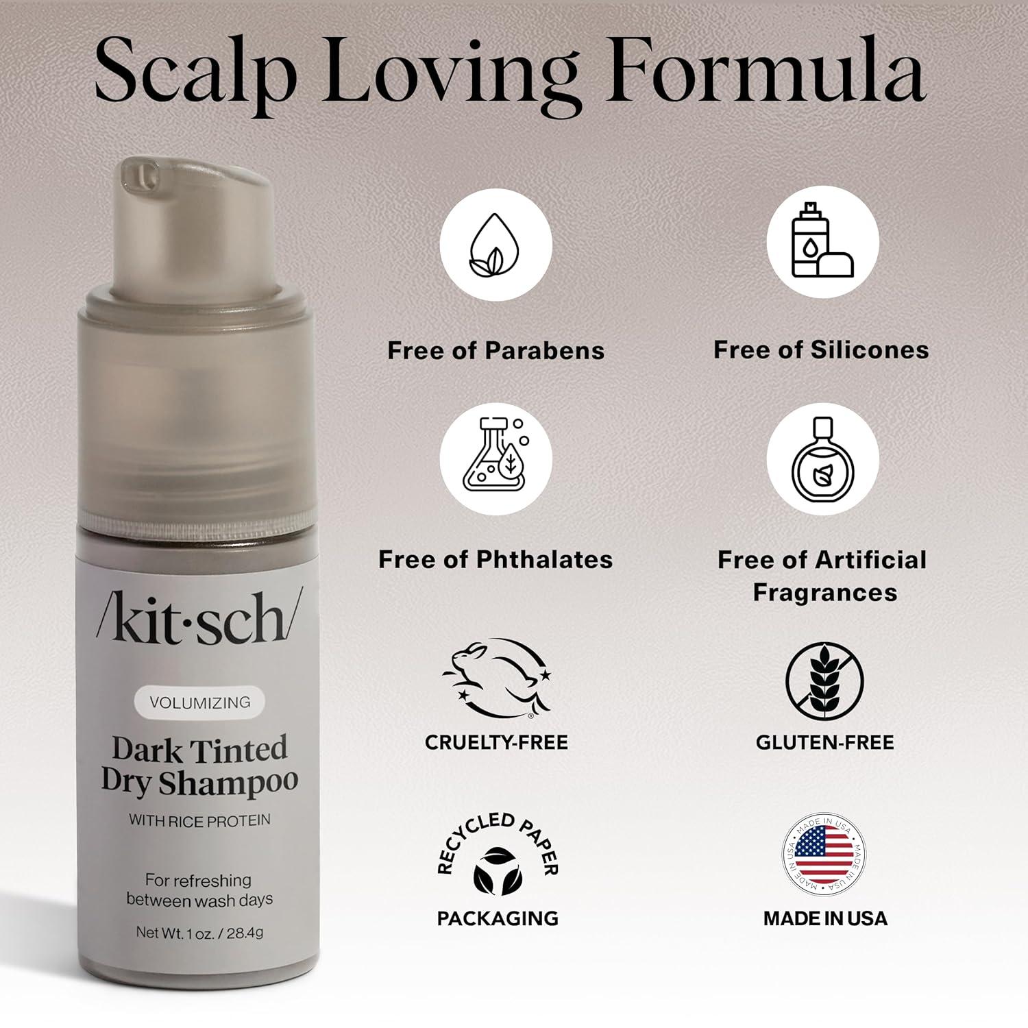 imageKitsch Volumizing Rice Protein Dry Shampoo Powder Dry Shampoo for Women ampamp Men Dark Hair No White Cast Absorbs Oil NonGreasy Fragrance Free Travel Size in Pump Form Dark Tinted 1ozDark Tinted