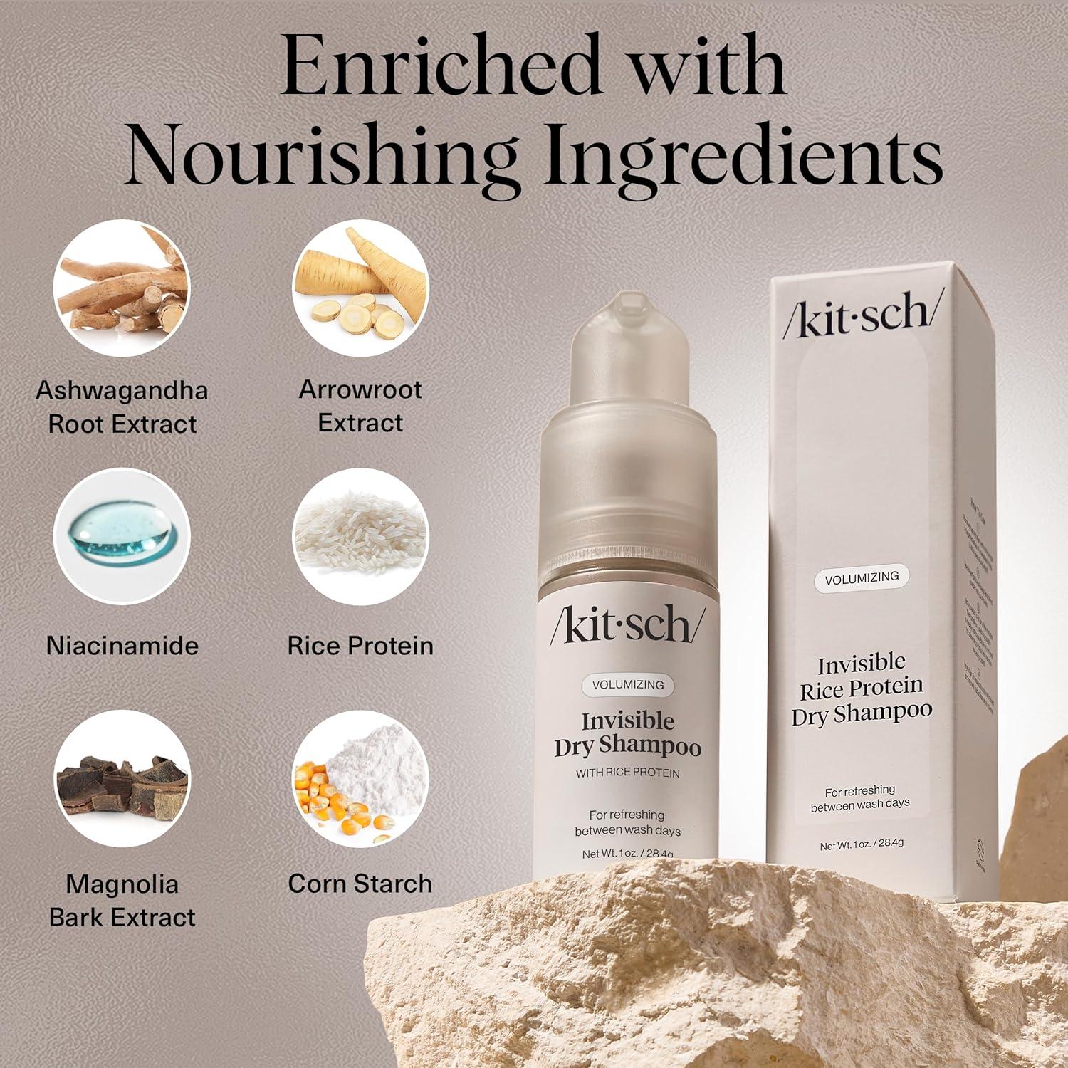 imageKitsch Volumizing Rice Protein Dry Shampoo Powder Dry Shampoo for Women ampamp Men Dark Hair No White Cast Absorbs Oil NonGreasy Fragrance Free Travel Size in Pump Form Dark Tinted 1ozInvisible