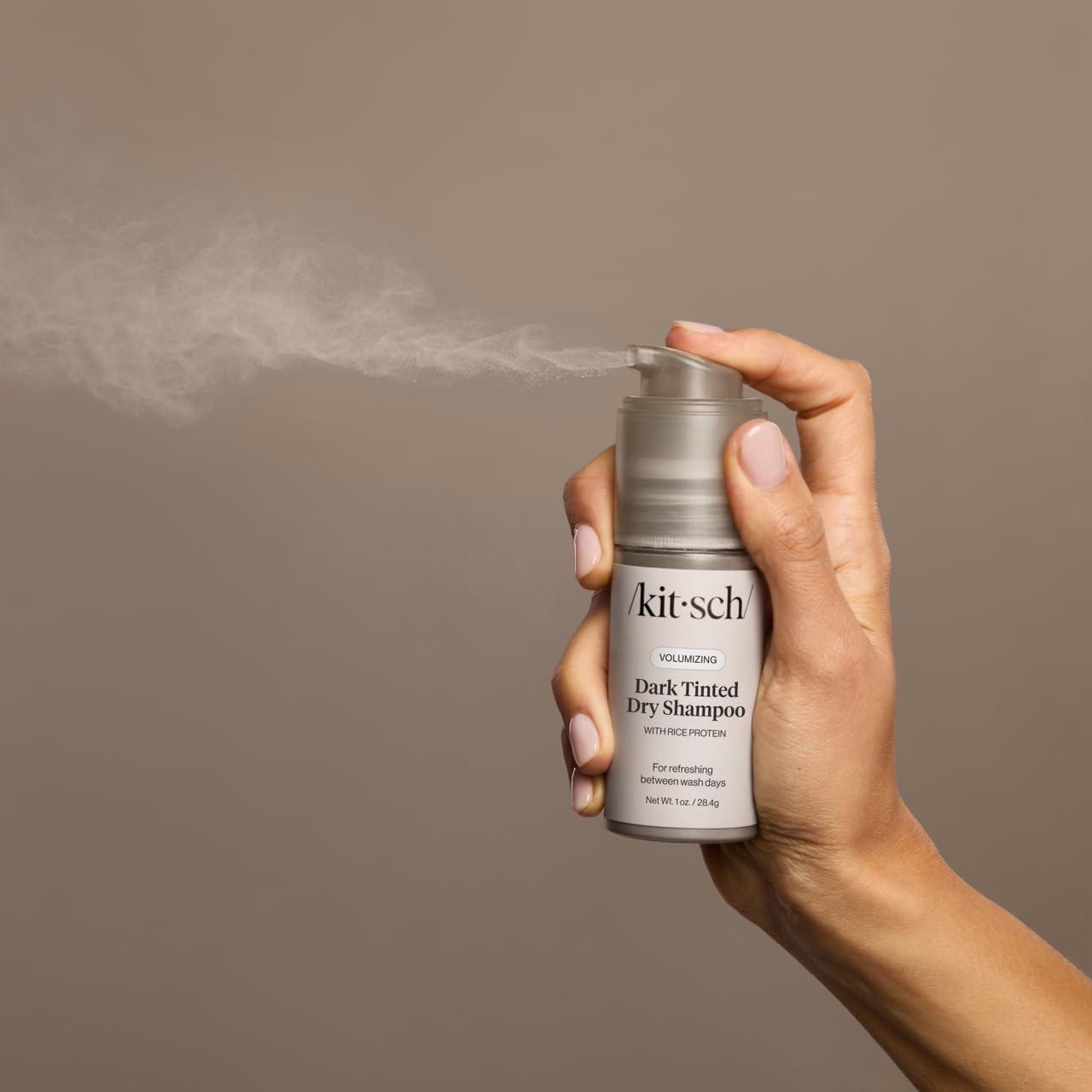 imageKitsch Volumizing Rice Protein Dry Shampoo Powder Dry Shampoo for Women ampamp Men Dark Hair No White Cast Absorbs Oil NonGreasy Fragrance Free Travel Size in Pump Form Dark Tinted 1ozDark Tinted