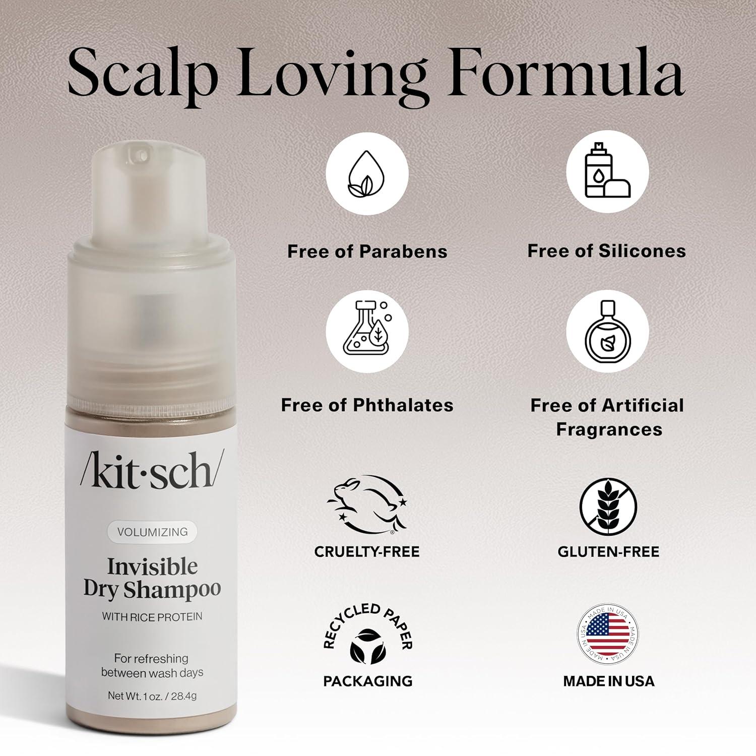 imageKitsch Volumizing Rice Protein Dry Shampoo Powder Dry Shampoo for Women ampamp Men Dark Hair No White Cast Absorbs Oil NonGreasy Fragrance Free Travel Size in Pump Form Dark Tinted 1ozInvisible