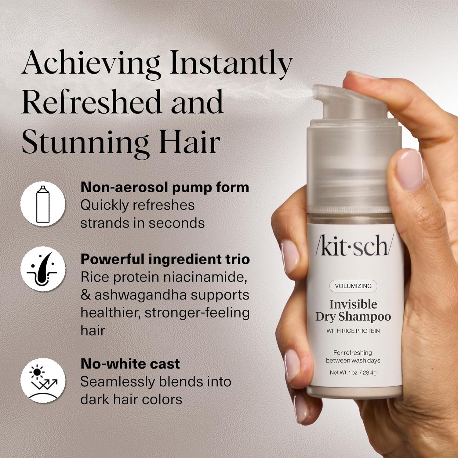 imageKitsch Volumizing Rice Protein Dry Shampoo Powder Dry Shampoo for Women ampamp Men Dark Hair No White Cast Absorbs Oil NonGreasy Fragrance Free Travel Size in Pump Form Dark Tinted 1ozInvisible