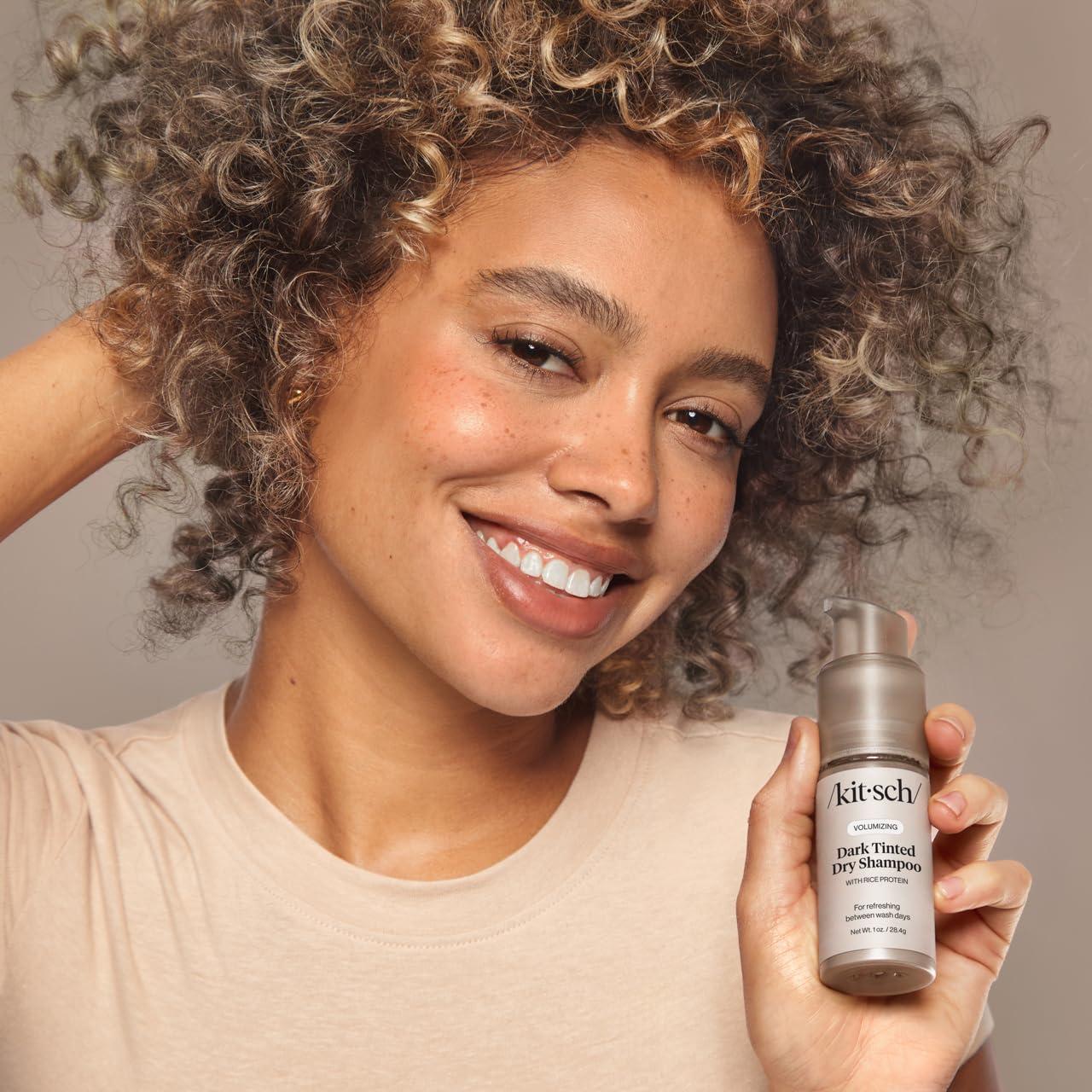 imageKitsch Volumizing Rice Protein Dry Shampoo Powder Dry Shampoo for Women ampamp Men Dark Hair No White Cast Absorbs Oil NonGreasy Fragrance Free Travel Size in Pump Form Dark Tinted 1ozDark Tinted