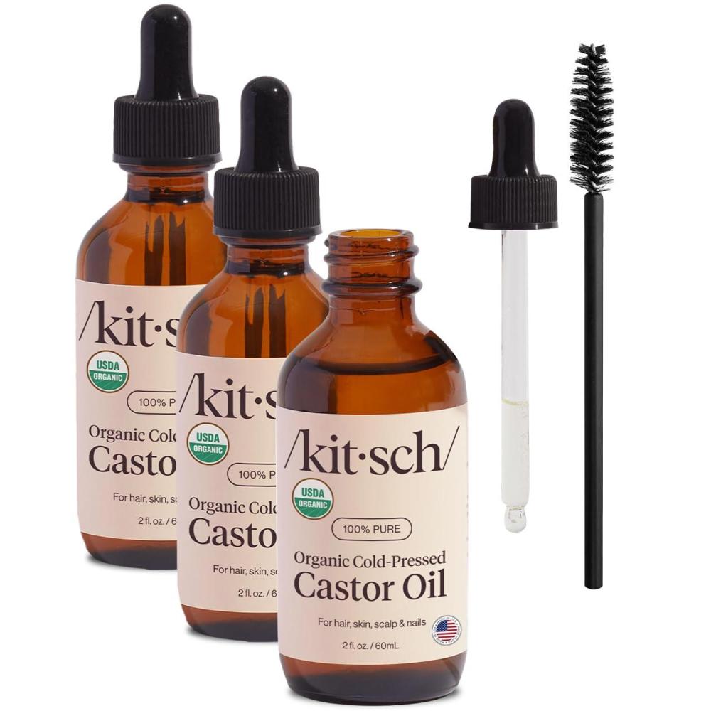 imageKitsch Organic Castor Oil For Hair Growth Castor Oil Organic Cold Pressed Unrefined Glass Bottle 100 Pure For Face Skin Lashes Brows Scalp Nails ampamp Belly Button Hexane Free USDA 3Pack x 2oz