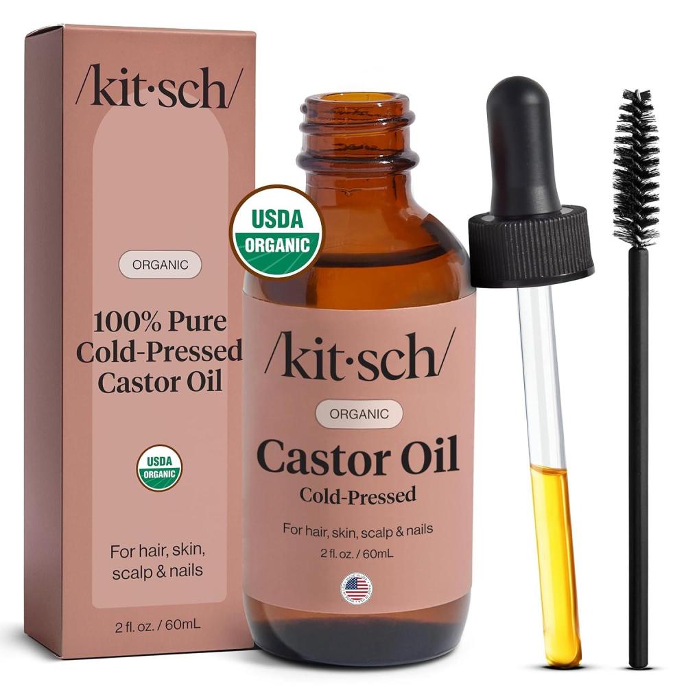 imageKitsch Organic Castor Oil for Hair Growth 100 Pure Castor Oil Organic Cold Pressed Unrefined Glass Bottle for Face Skin Lashes Brows Scalp Nails ampamp Belly Button Hexane Free USDA 2 oz2 Fl Oz Pack of 1