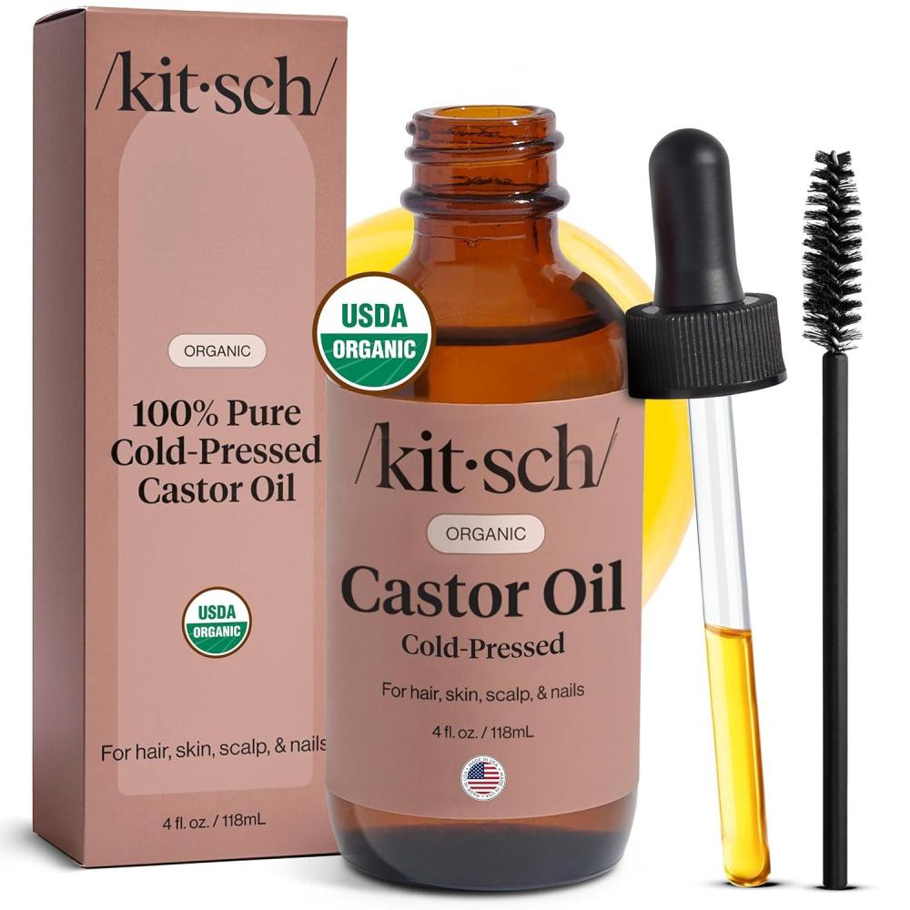 imageKitsch Organic Castor Oil for Hair Growth 100 Pure Castor Oil Organic Cold Pressed Unrefined Glass Bottle for Face Skin Lashes Brows Scalp Nails ampamp Belly Button Hexane Free USDA 2 oz4 Fl Oz Pack of 1