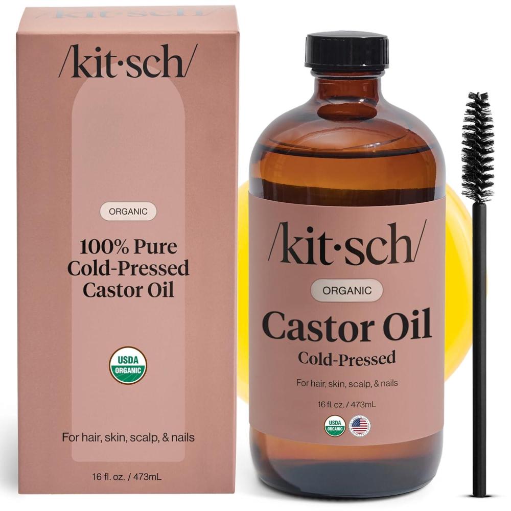 imageKitsch Organic Castor Oil for Hair Growth 100 Pure Castor Oil Organic Cold Pressed Unrefined Glass Bottle for Face Skin Lashes Brows Scalp Nails ampamp Belly Button Hexane Free USDA 2 oz16 Fl Oz Pack of 1