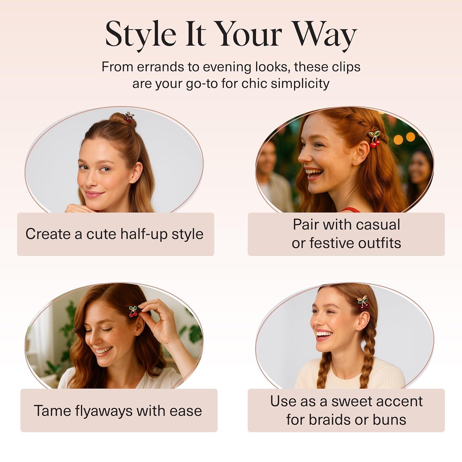 imageKitsch Cherry Small Hair Clips for Women Rhinestones Small Claw Clips Electroplated Metal Springs and AntiRust Finish Strong Hold for Updo and Cute Half Up Styles Ideal Gifts for Women 2pcs