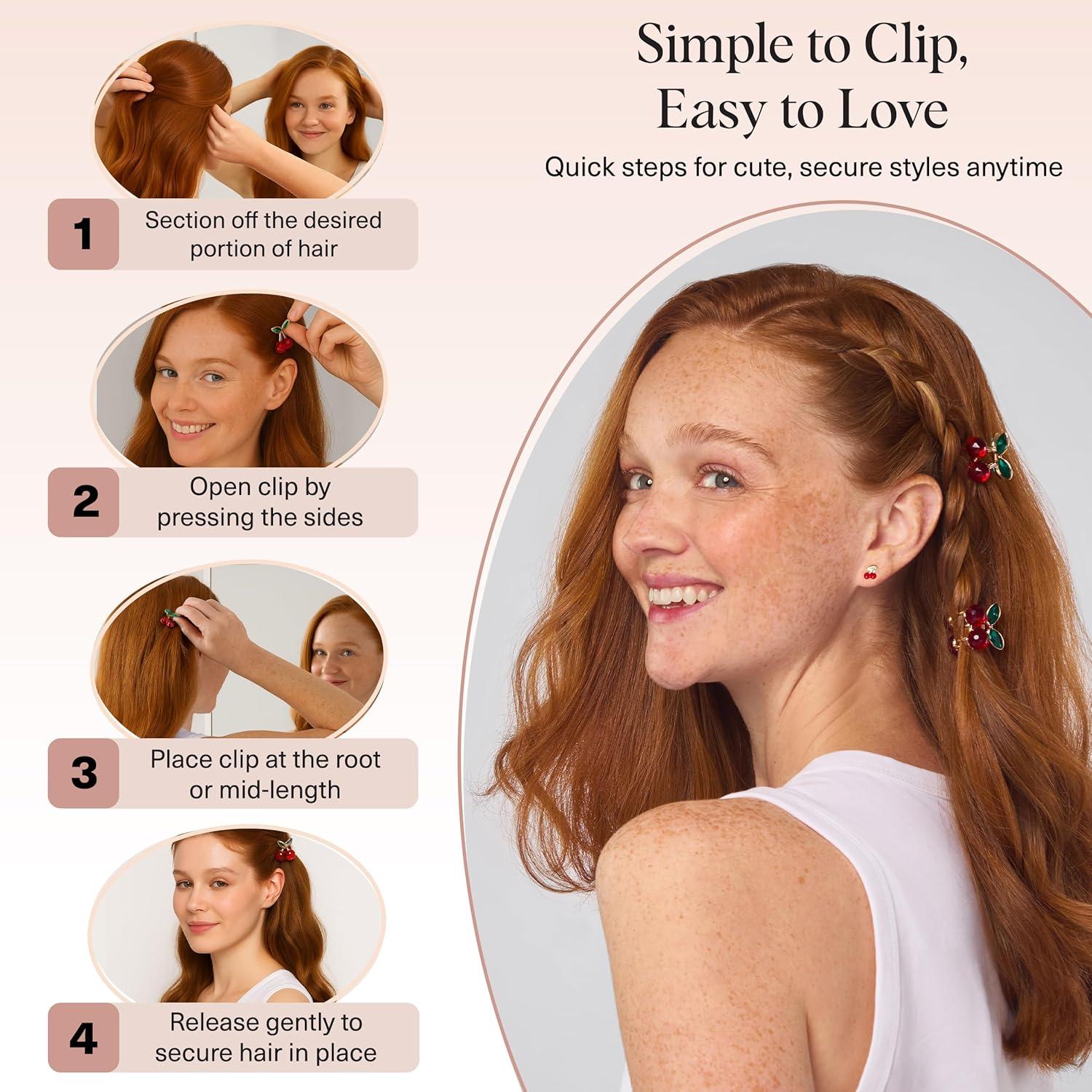 imageKitsch Cherry Small Hair Clips for Women Rhinestones Small Claw Clips Electroplated Metal Springs and AntiRust Finish Strong Hold for Updo and Cute Half Up Styles Ideal Gifts for Women 2pcs