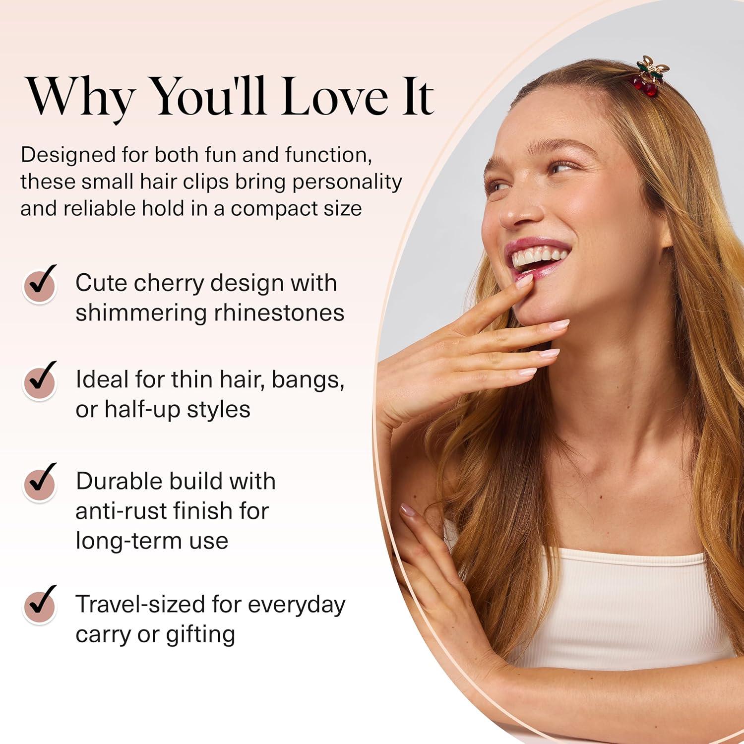 imageKitsch Cherry Small Hair Clips for Women Rhinestones Small Claw Clips Electroplated Metal Springs and AntiRust Finish Strong Hold for Updo and Cute Half Up Styles Ideal Gifts for Women 2pcs