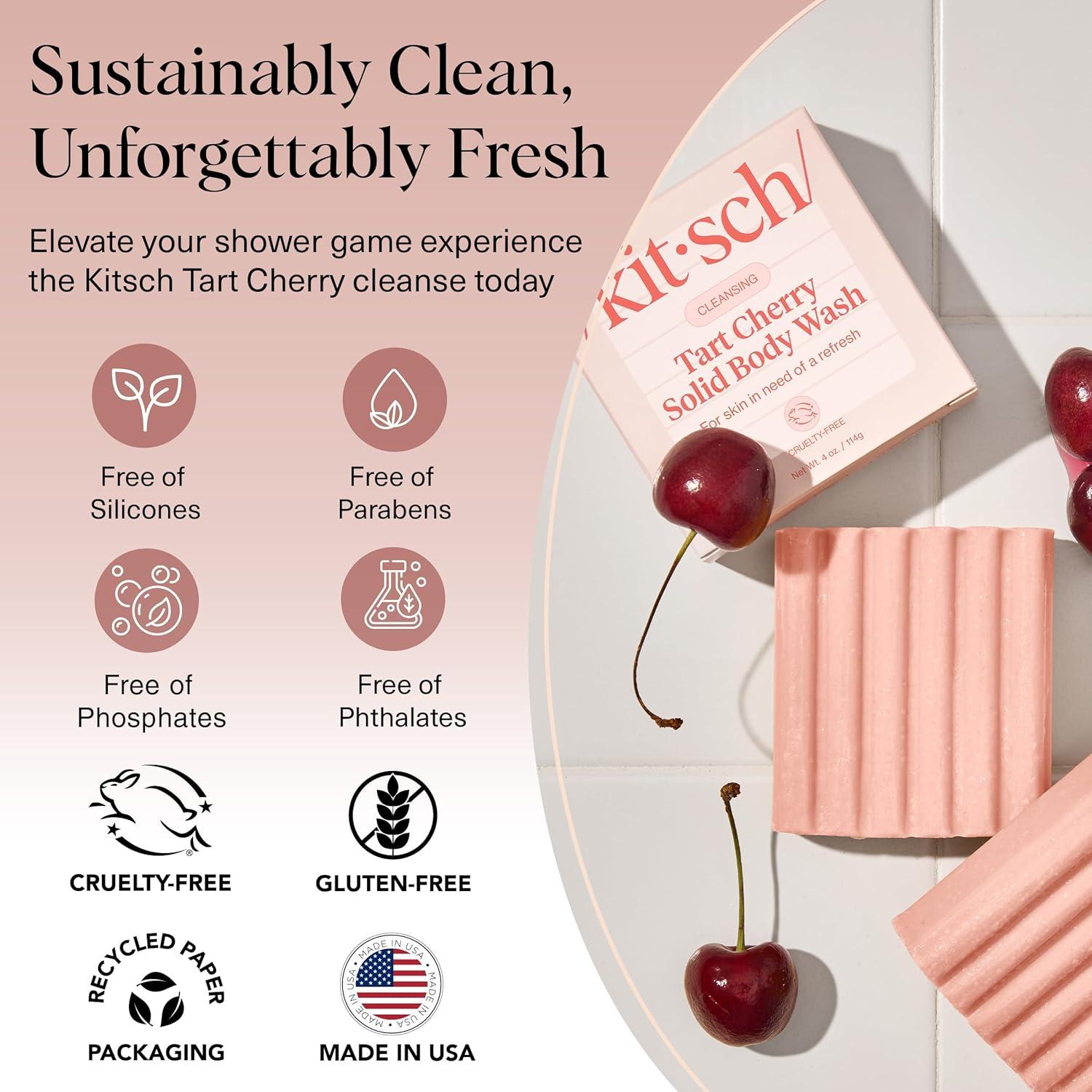 imageKitsch Cleansing Tart Cherry Soap Bar with Refreshing Scent EcoFriendly Body Wash Women Love Cherry Solid Bar Soap for Daily Use Silicone Sulfate and Paraben Free Made in USA 4oz
